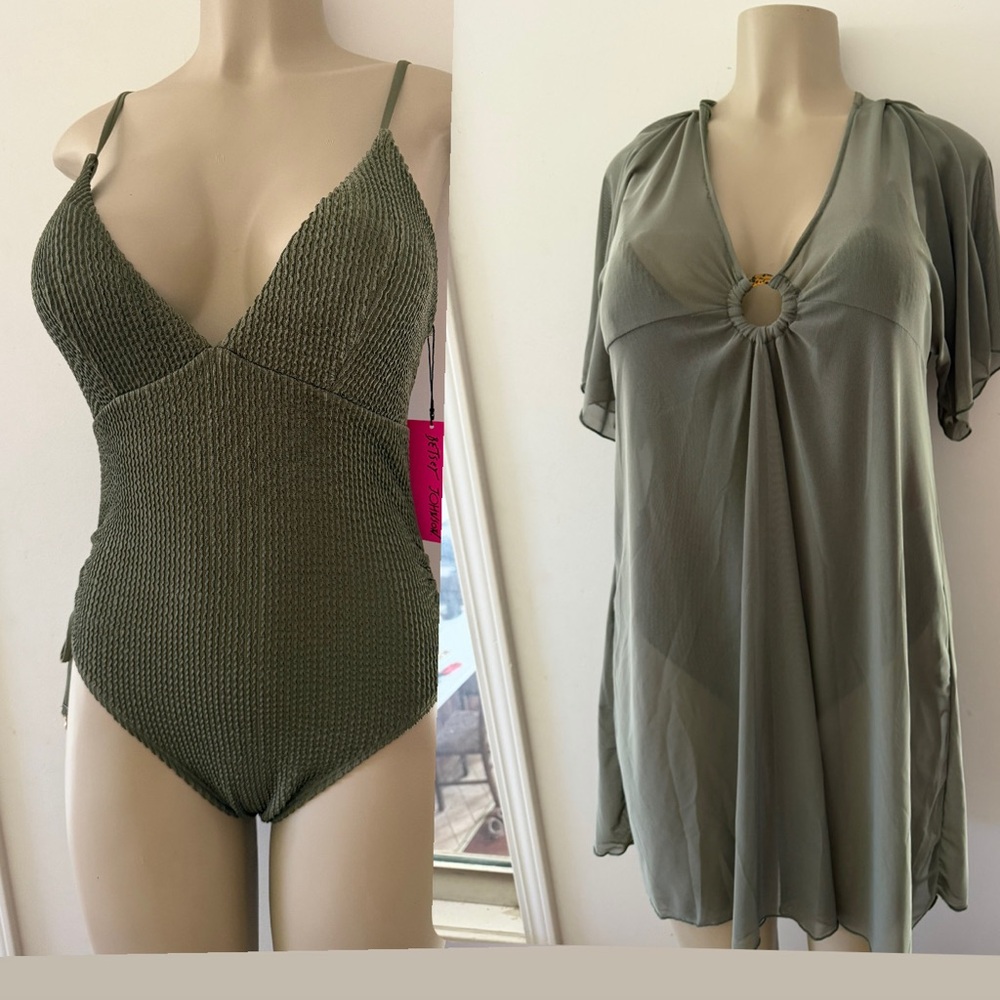 Betsey Johnson 2 pieces Olive Green Textured One-Piece Swimsuit & Cover-Up Set
